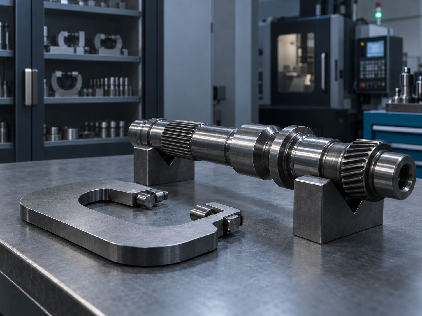 A snap gauge lying beside a precision-ground drive shaft on V-blocks at an inspection bench next to the gauge cabinet