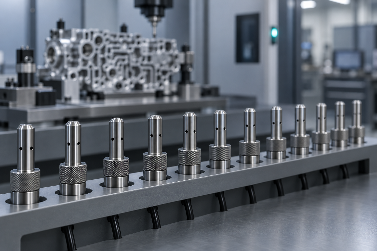 Twelve identical air gauge plugs standing in a row in a station rack beside a machining cell