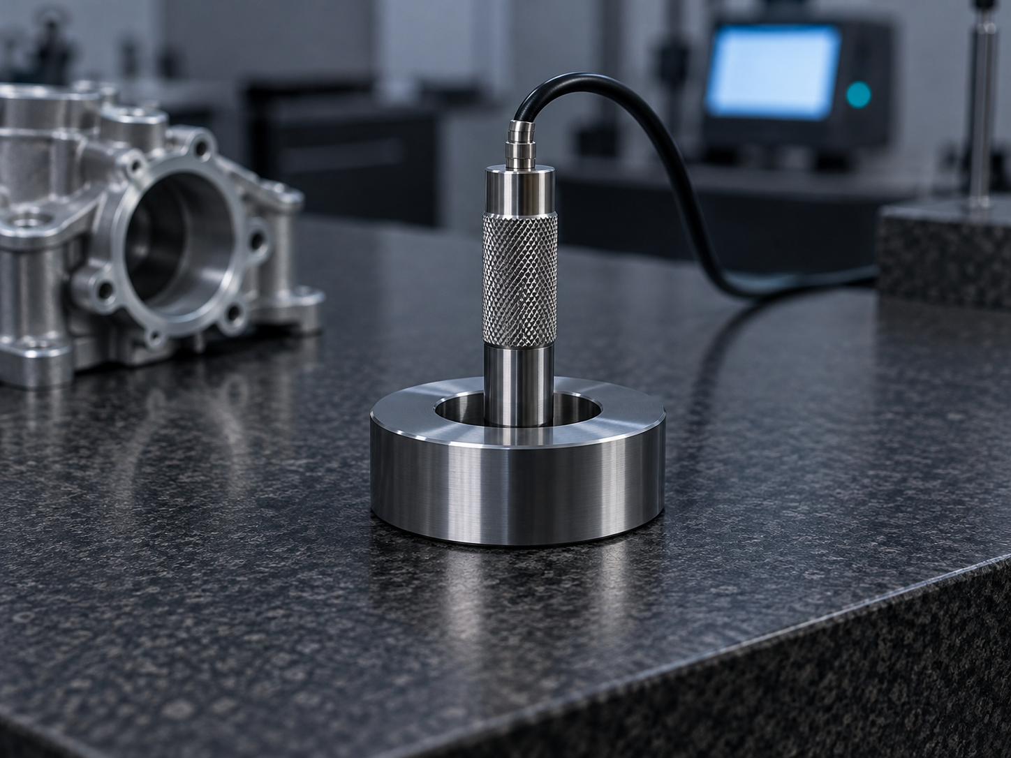 An air gauge plug inserted in a plain steel setting ring master on a granite surface plate, with a machined housing beside it