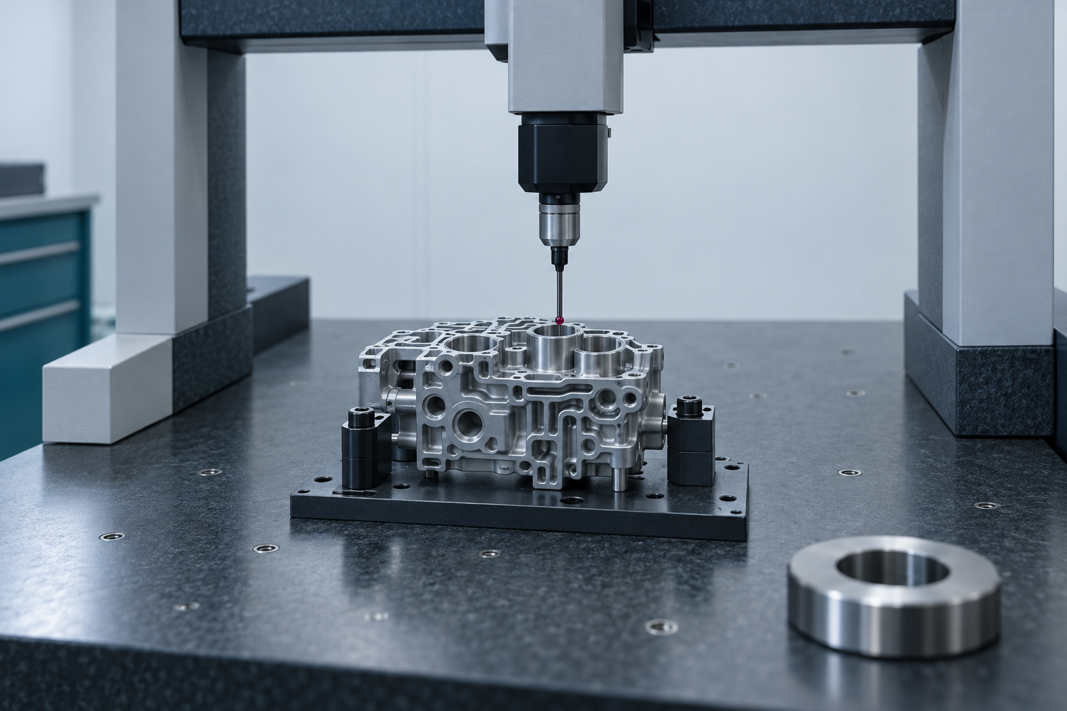 A bridge CMM probing the bore of a machined valve body on its granite table, with a setting ring master in the foreground