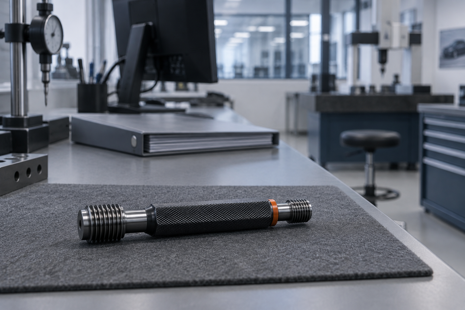 A thread plug gauge with GO and NO-GO ends on an empty calibration bench, a closed records binder behind it