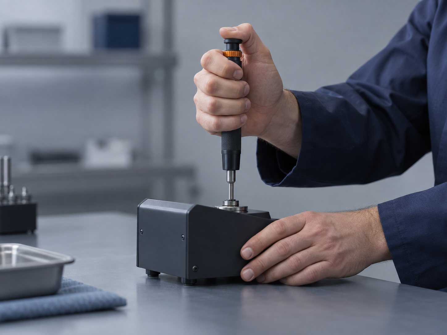 A technician's hands performing an as-found check, seating a torque screwdriver on a benchtop torque tester