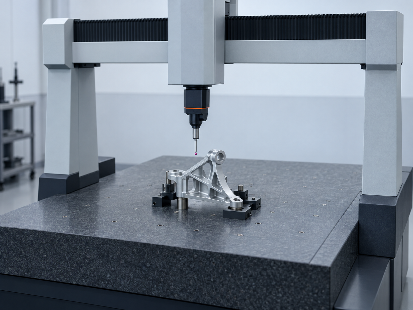 A bridge-type CMM with its touch probe above a machined aluminium aerospace bracket on the granite table