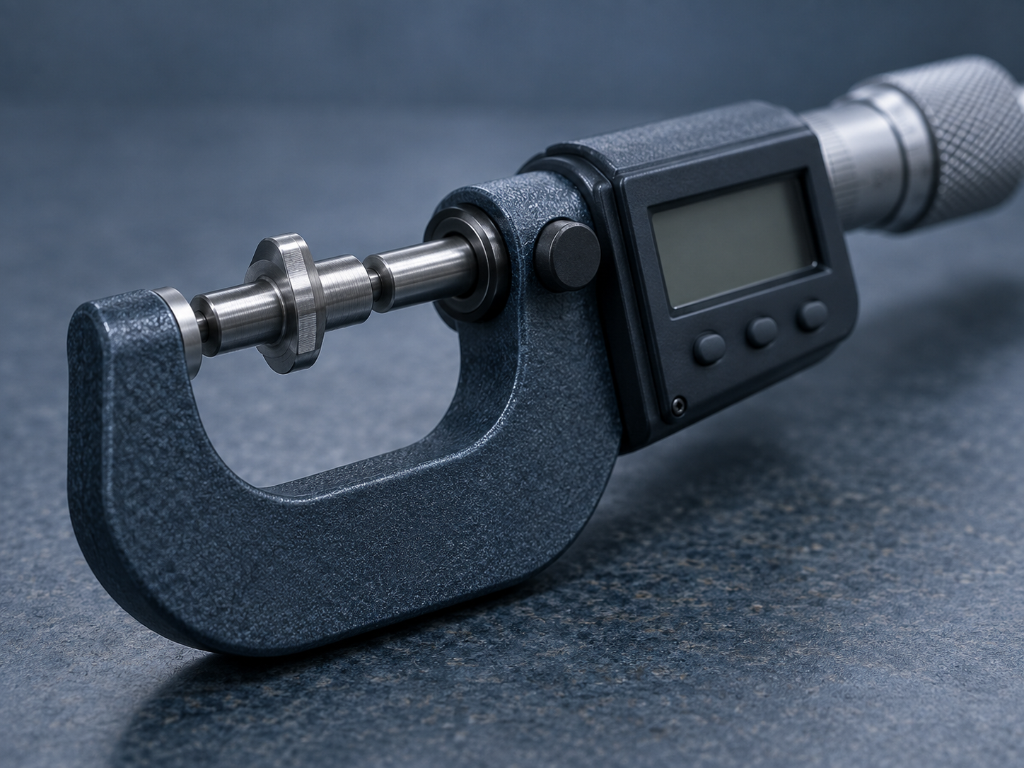 A precision digital micrometer measuring a small machined automotive component on a blue-slate inspection bench during a Gage R&R study