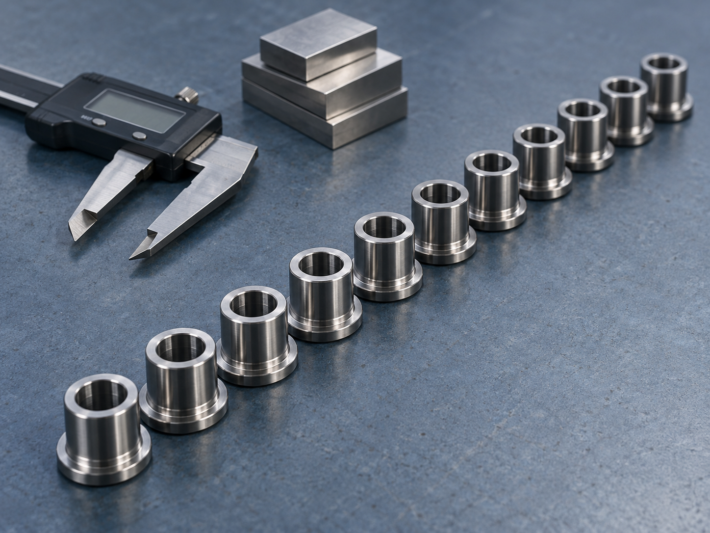 A row of ten machined automotive parts laid out on a blue-slate inspection bench with a caliper and gauge blocks, representing the sampled parts that set the study-variation denominator