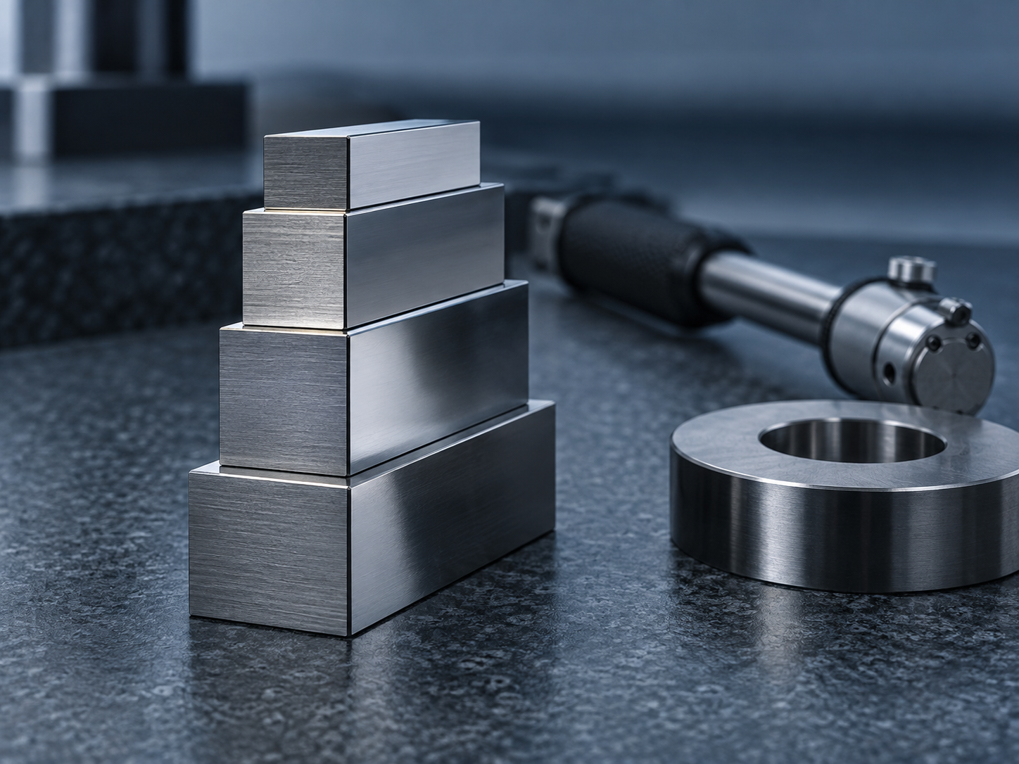 A stack of wrung gauge blocks with a bore gauge and reference master on a blue-slate inspection bench, representing the fixed tolerance and traceability behind a measurement