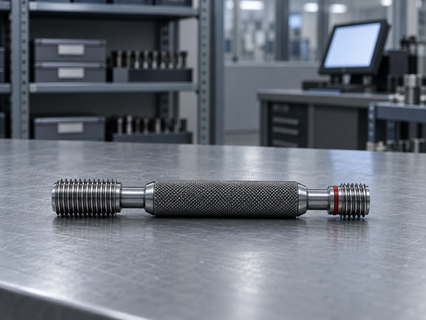 A double-ended thread plug gauge with GO and NO-GO ends lying on a steel gauge-crib counter, shelving softly blurred behind