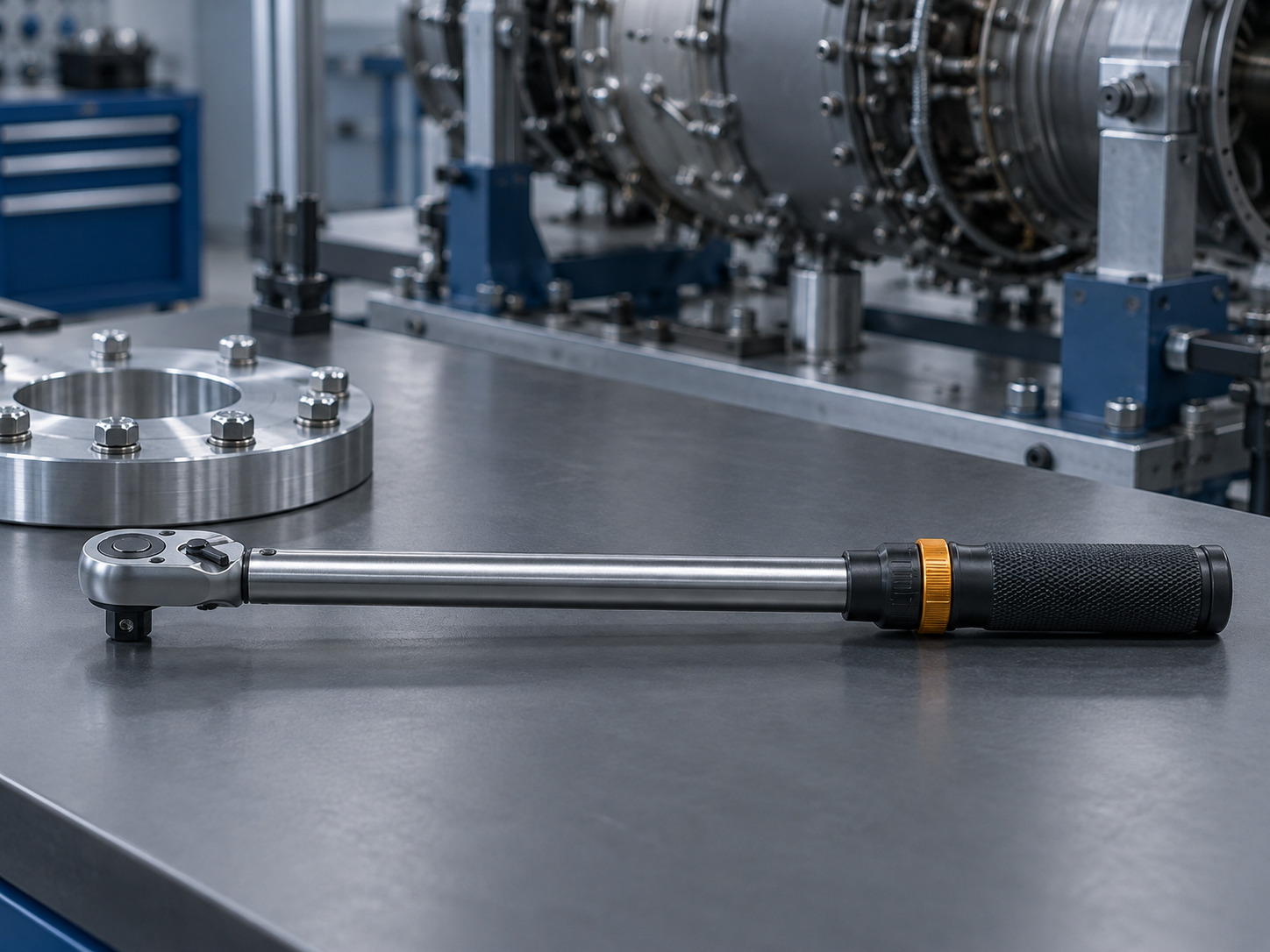 A click-type torque wrench in side profile on an assembly bench beside a bolted aluminium flange