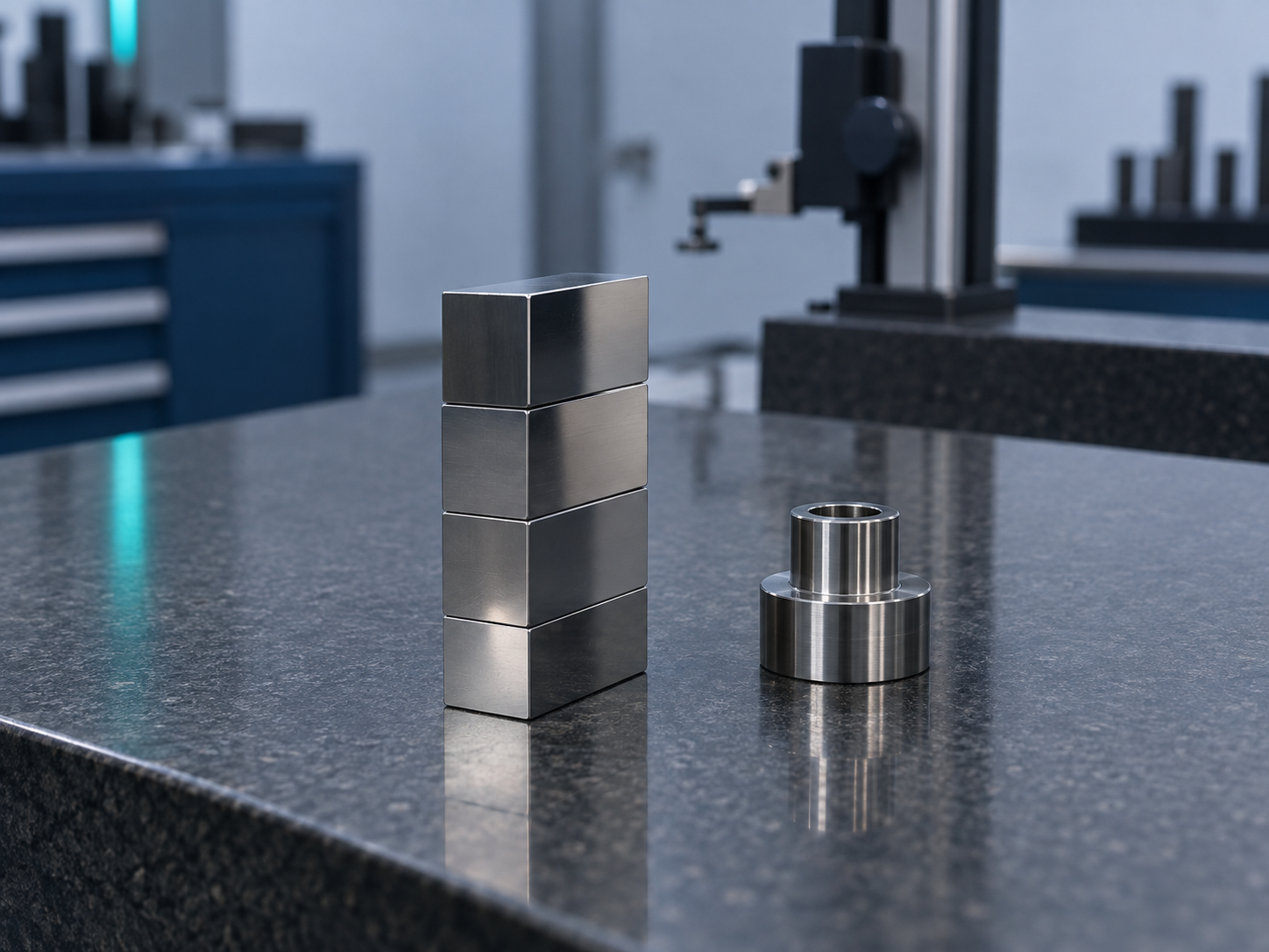 Four ground-steel gauge blocks wrung together on a granite surface plate beside a machined part, height gauge column blurred behind