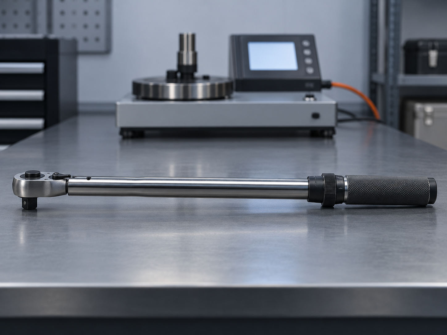 A click-type torque wrench on a steel bench in an in-house metrology room, with a benchtop torque tester softly out of focus behind it