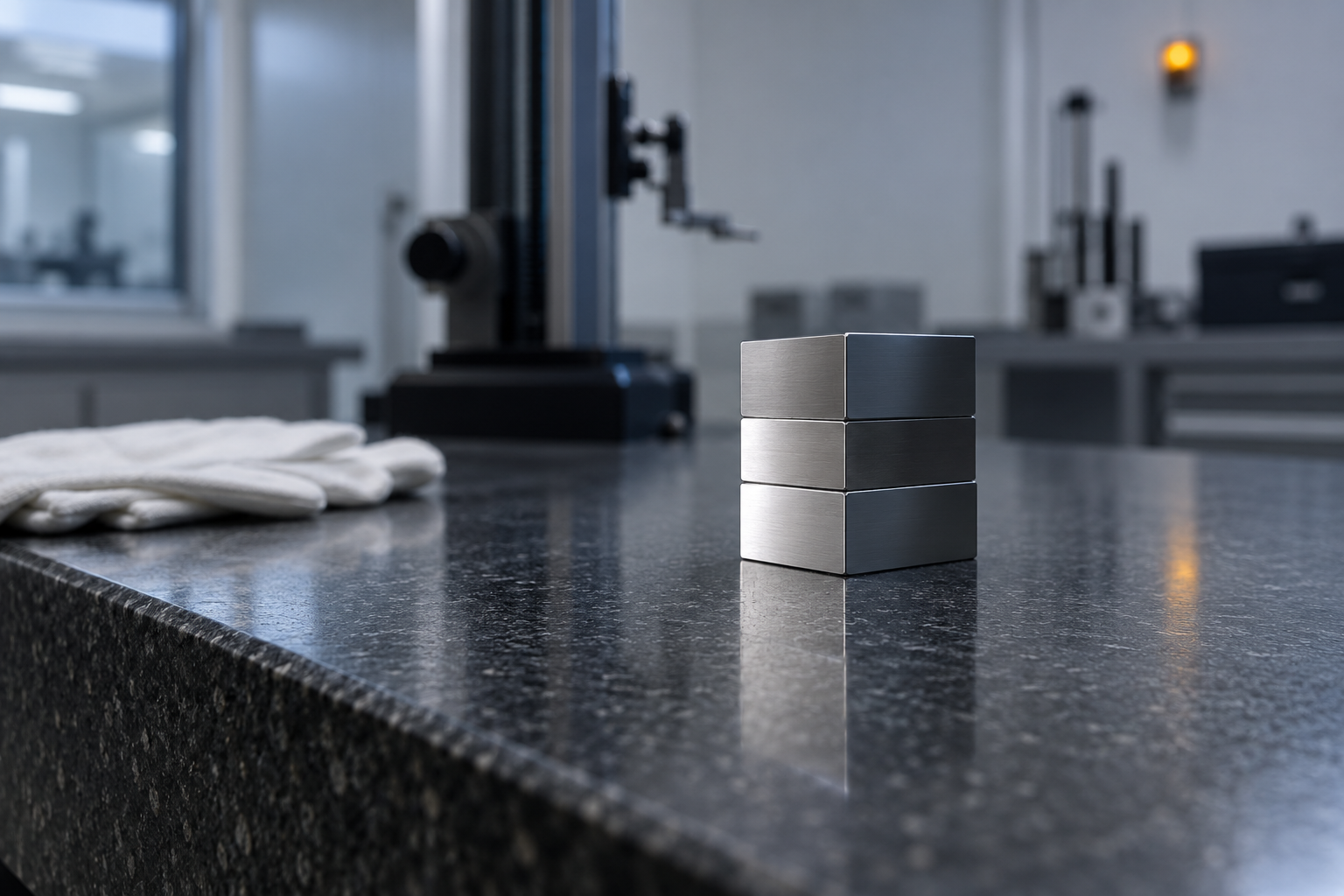 A stack of plain ground-steel gauge blocks wrung together on a granite surface plate, with a height gauge column softly blurred behind
