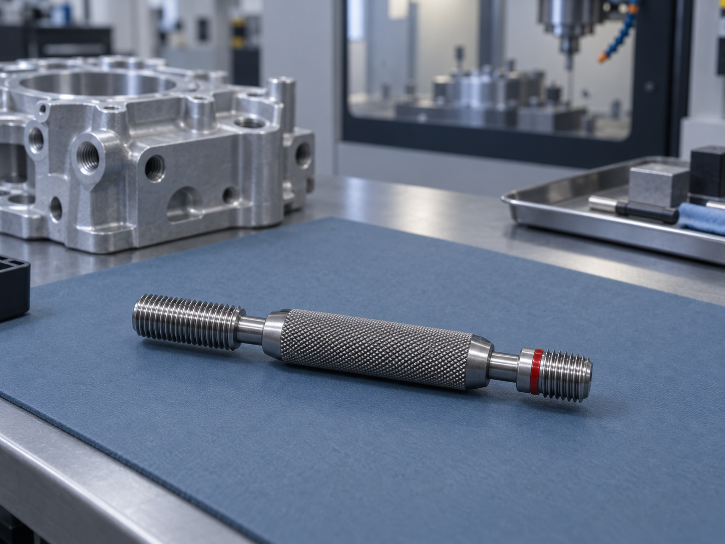 A thread plug gauge with GO and NO-GO ends lying on a blue mat at a machining cell gauge station, a machined aluminium housing blurred behind