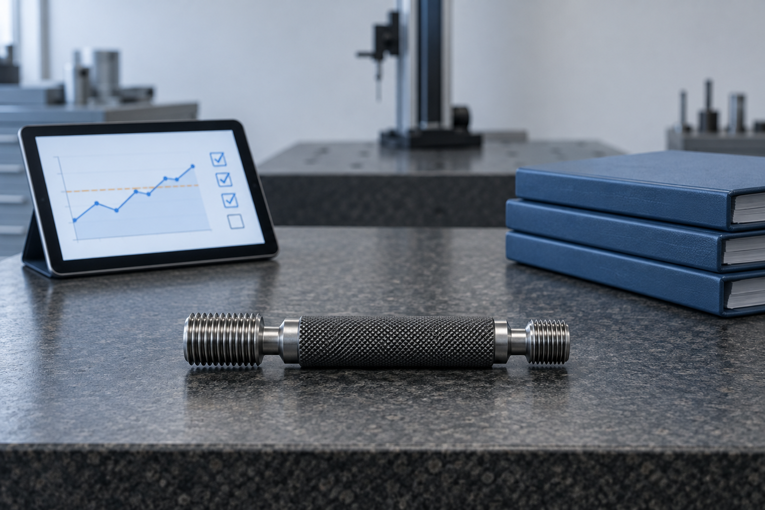 A thread plug gauge on a granite surface plate beside a stack of certificate binders and a tablet showing an abstract trend chart