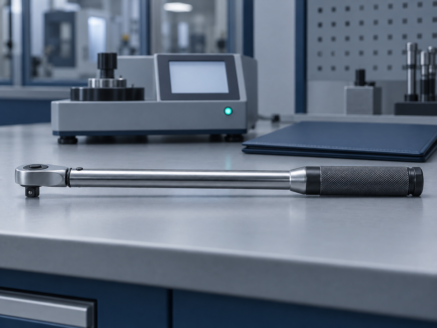 A click torque wrench lying on a calibration bench in front of a torque tester