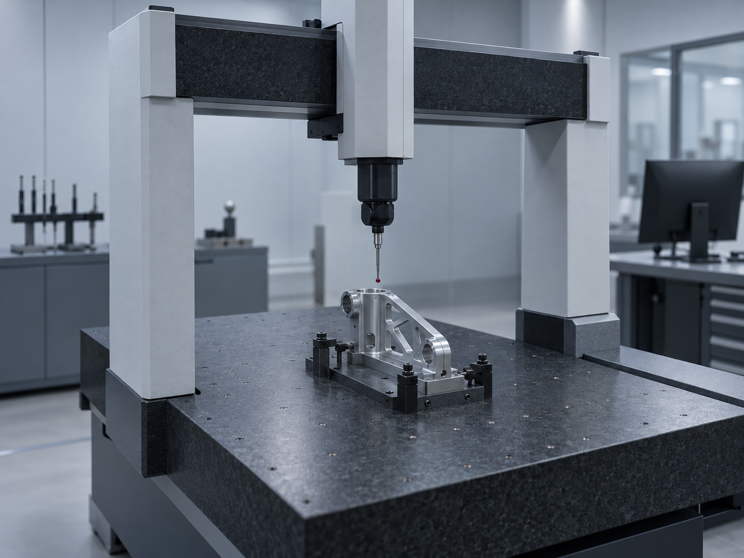 A bridge coordinate measuring machine with its ruby stylus tip above a machined aluminium bracket