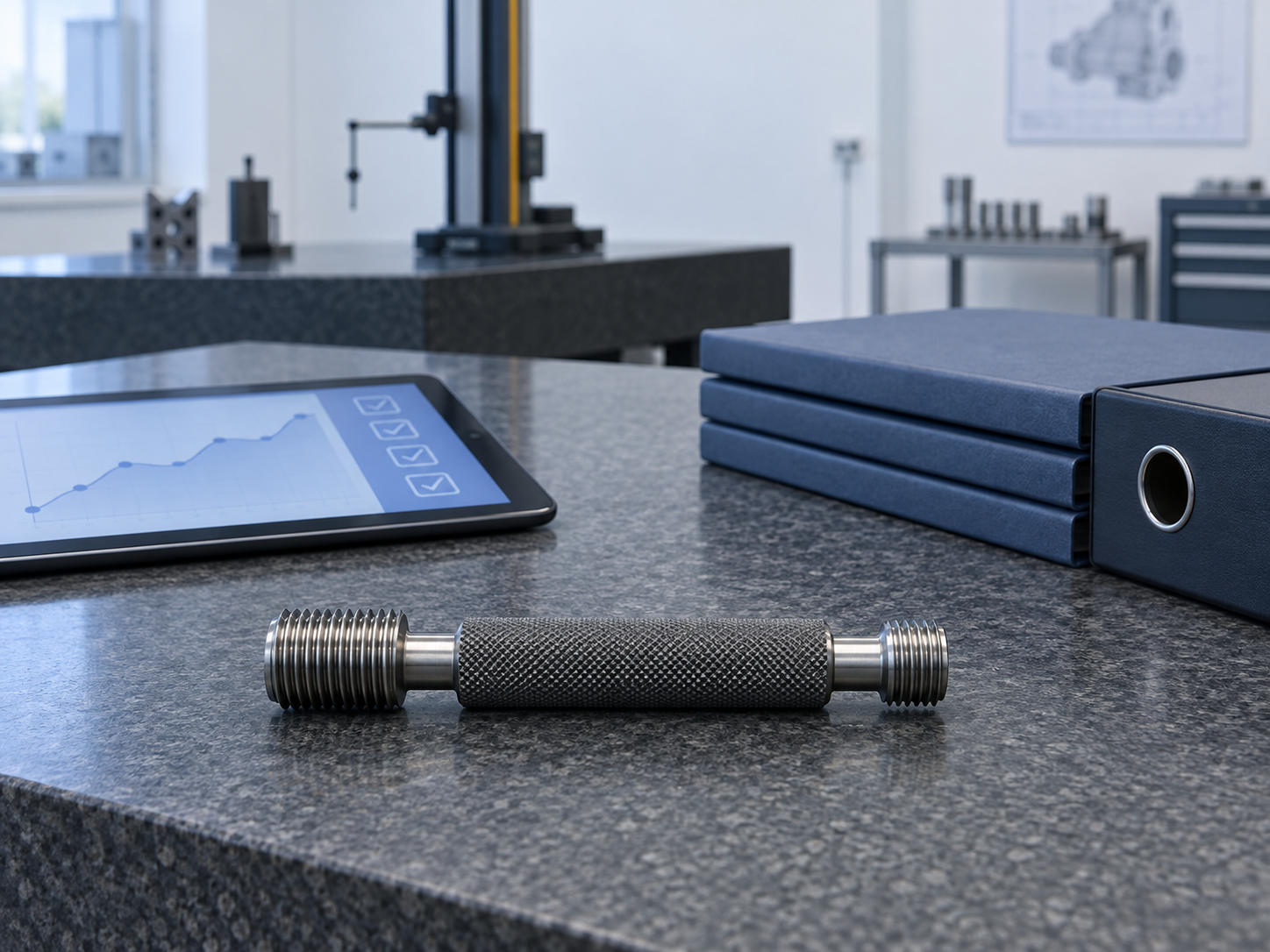 A thread plug gauge on a granite surface plate beside certificate binders and a tablet showing an abstract trend chart