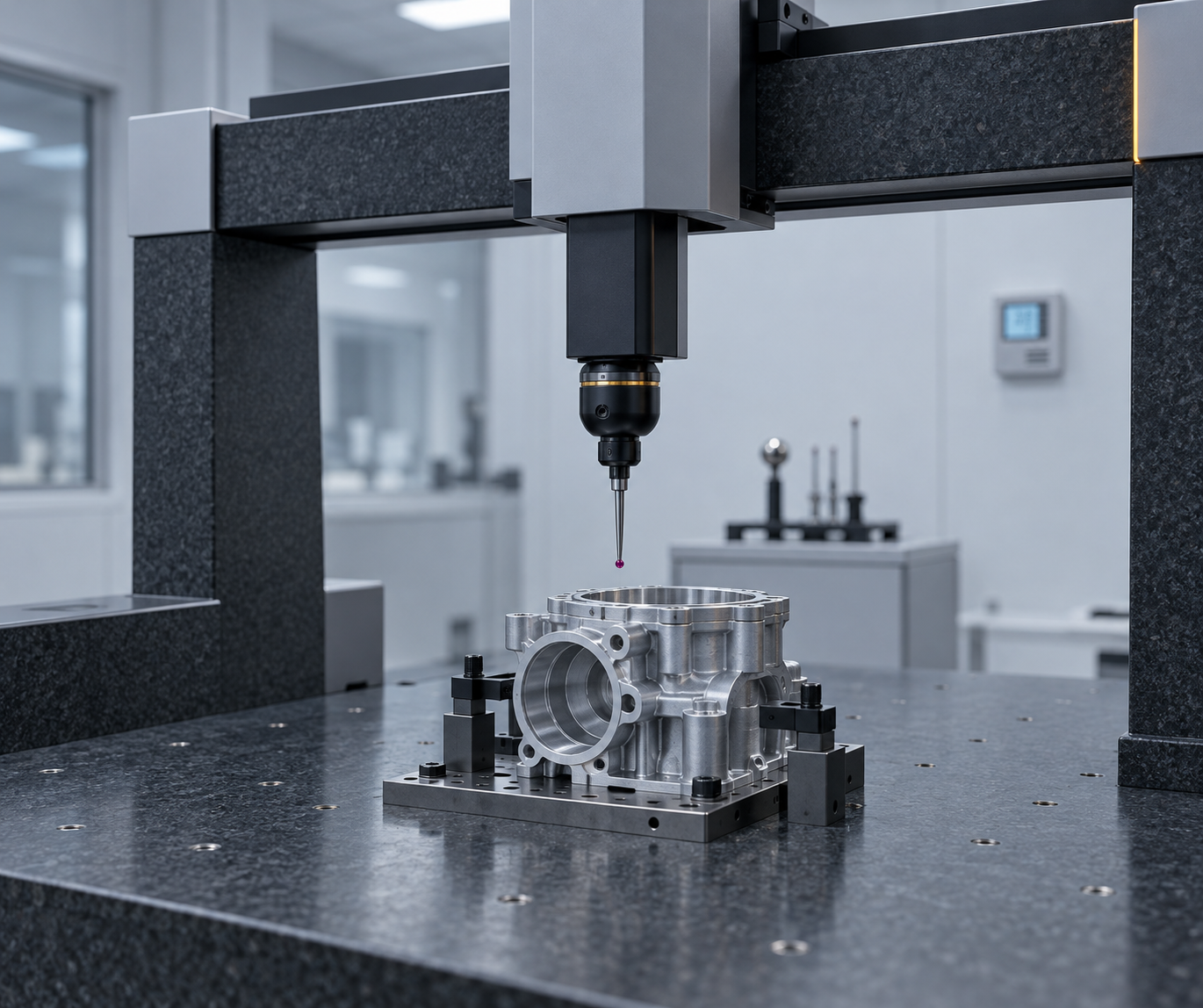 A bridge-type CMM with its stylus tip just above a machined aluminium housing clamped on the granite table