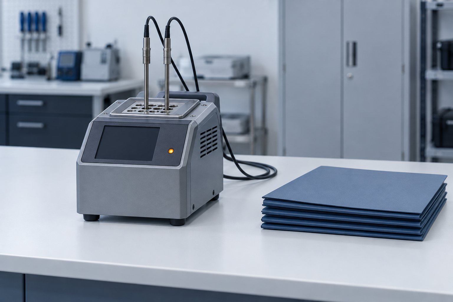 A dry-block temperature calibrator with two probes inserted, next to a stack of certificate folders on a laboratory bench