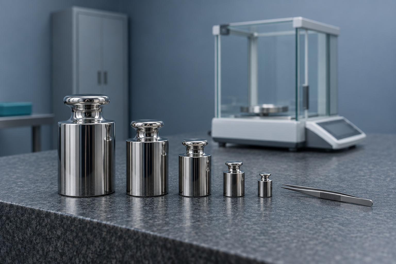 Stainless-steel reference weights in a graded row on a granite weighing table beside an analytical balance
