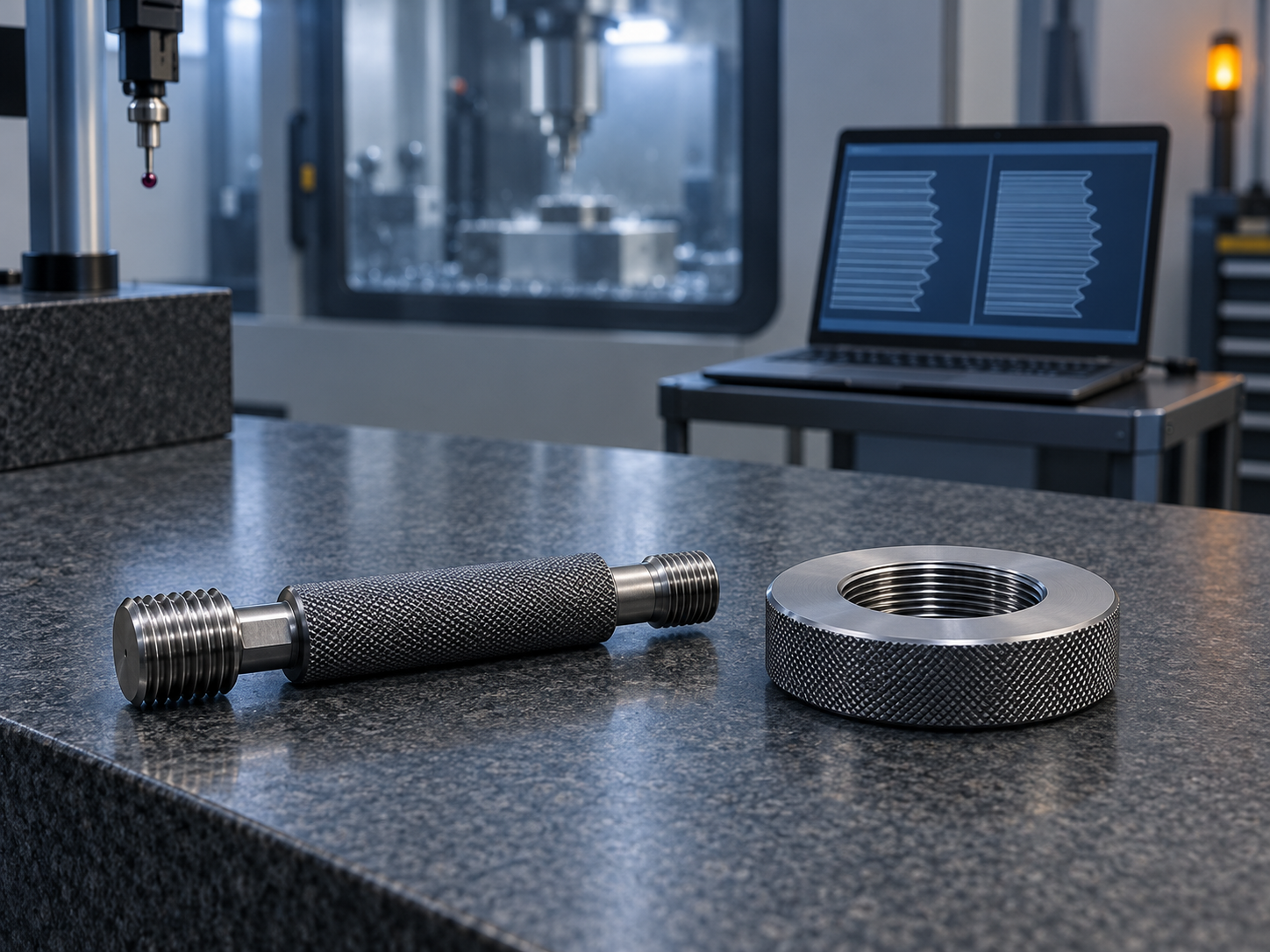A thread plug gauge with GO and NO-GO ends and a thread ring gauge on a granite surface plate, a laptop comparing two record sets behind
