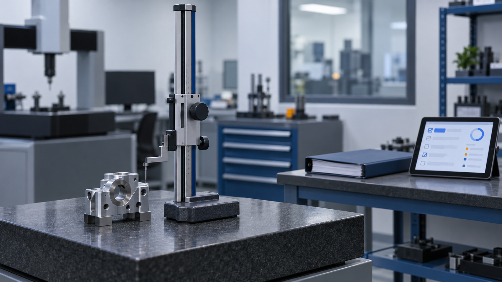 A height gauge on a granite surface plate in a metrology room, with a closed binder and a tablet showing an abstract checklist on the side bench