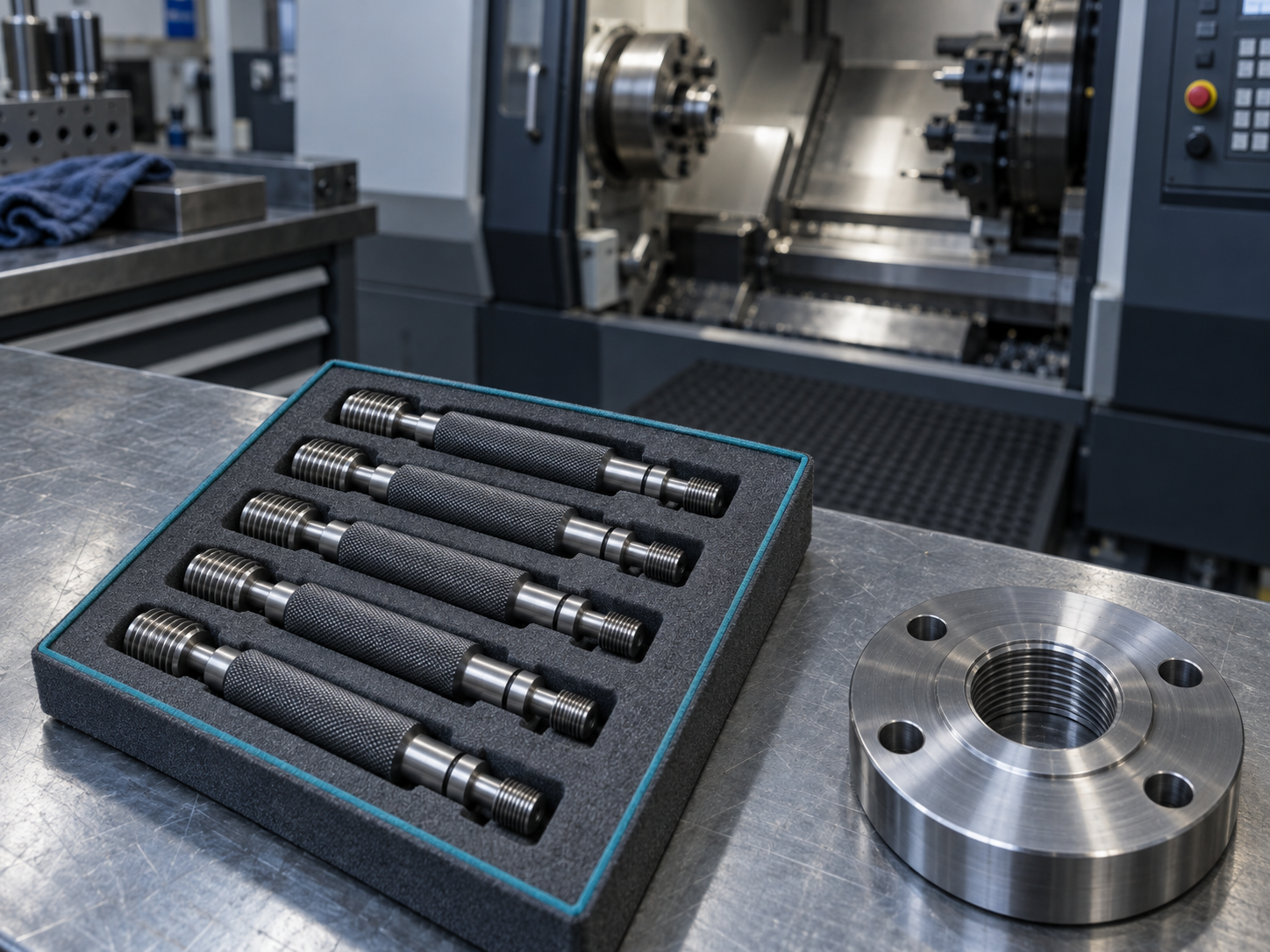 A foam-lined tray of thread plug gauges with GO and NO-GO ends on a steel bench beside a threaded flange, with a CNC lathe blurred behind