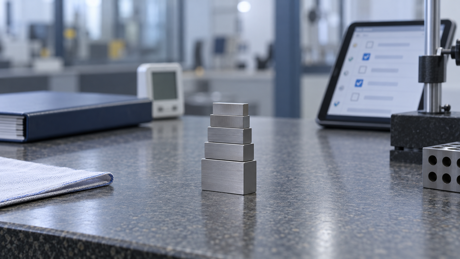 A stack of wrung steel gauge blocks standing on a granite surface plate in a calibration lab, with a binder and a data logger blurred behind