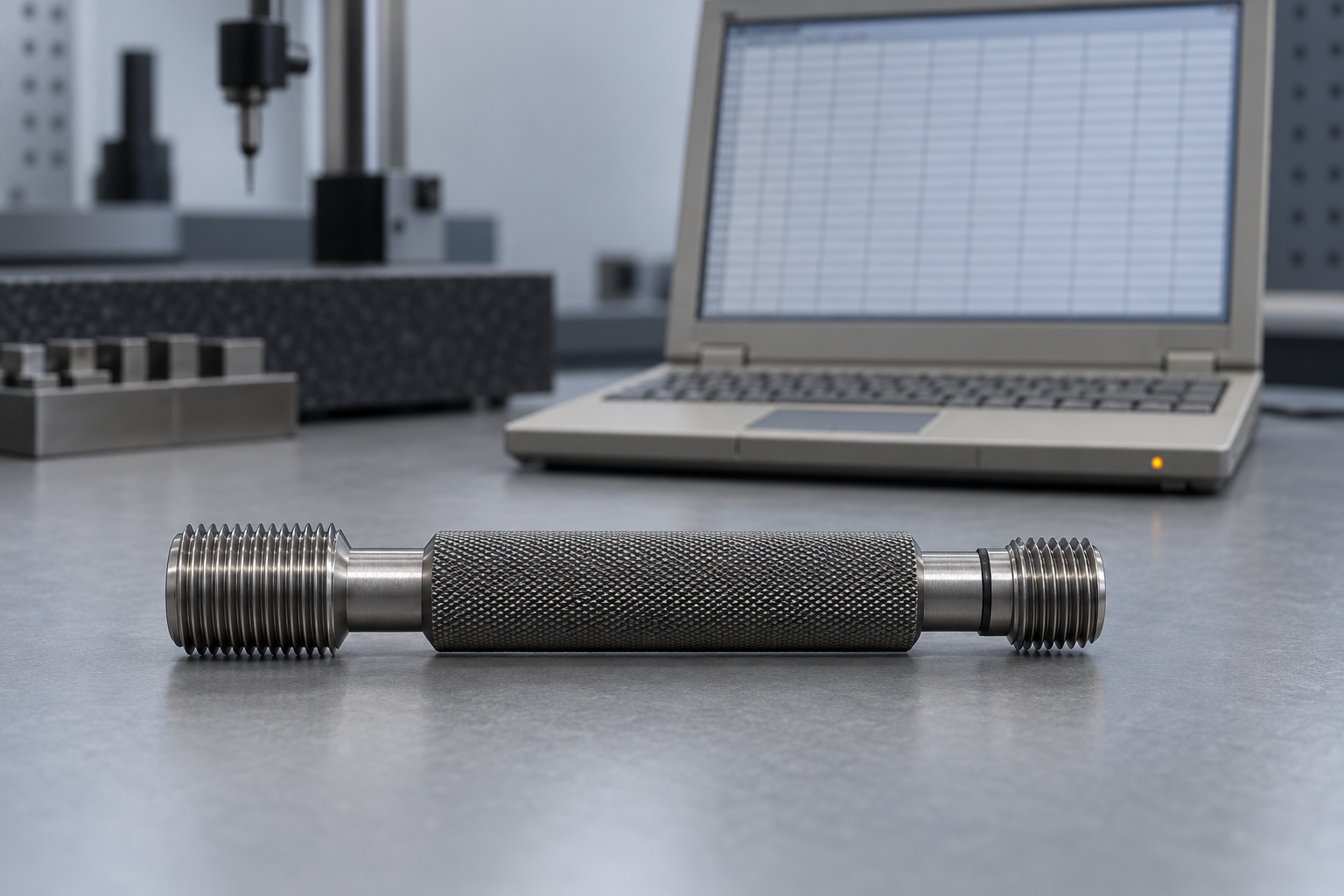A thread plug gauge on a metrology bench in front of an older laptop showing a dense spreadsheet-style grid