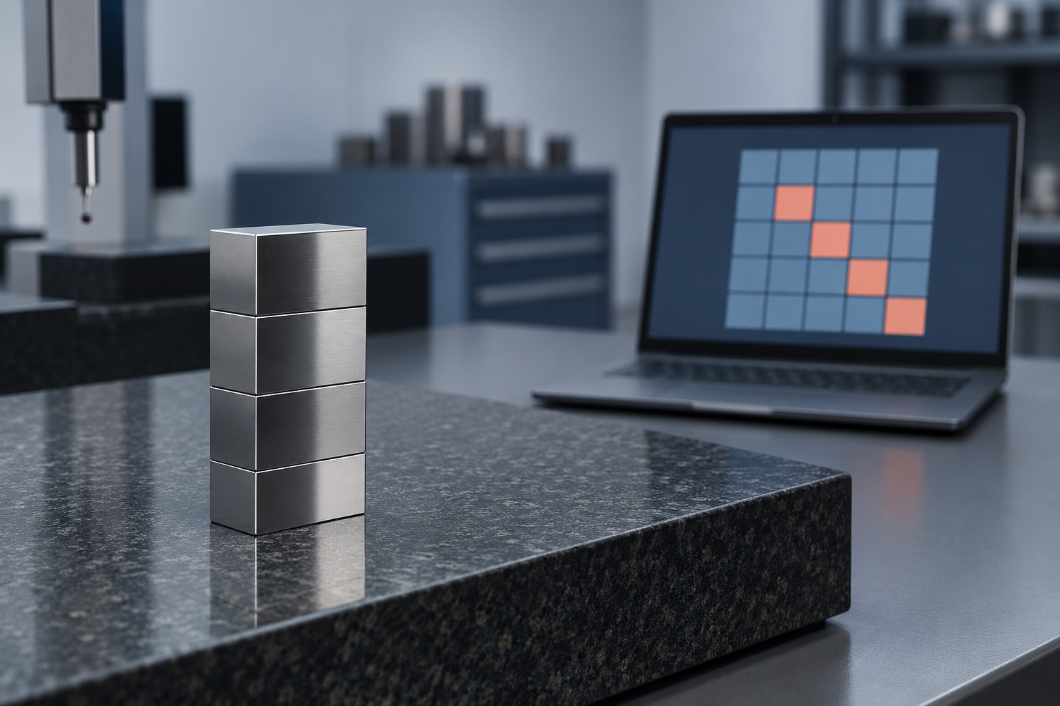 A stack of wrung gauge blocks on a granite surface plate beside a laptop showing an abstract risk matrix