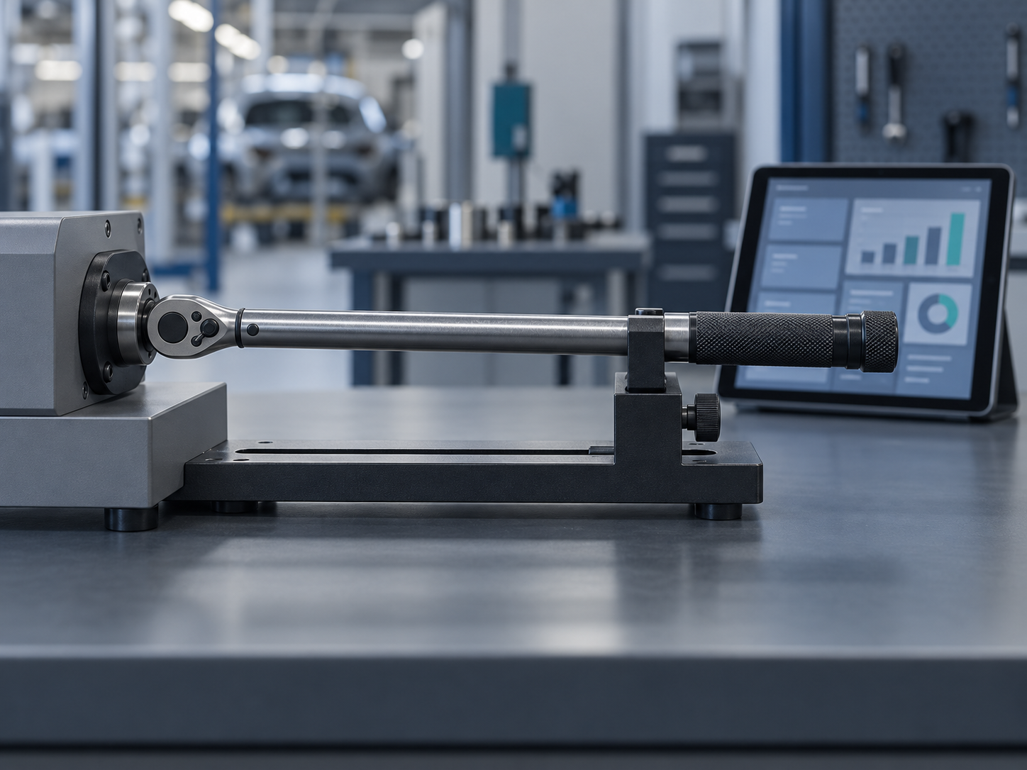 A click torque wrench clamped in a benchtop torque analyser beside a tablet showing an organised dashboard