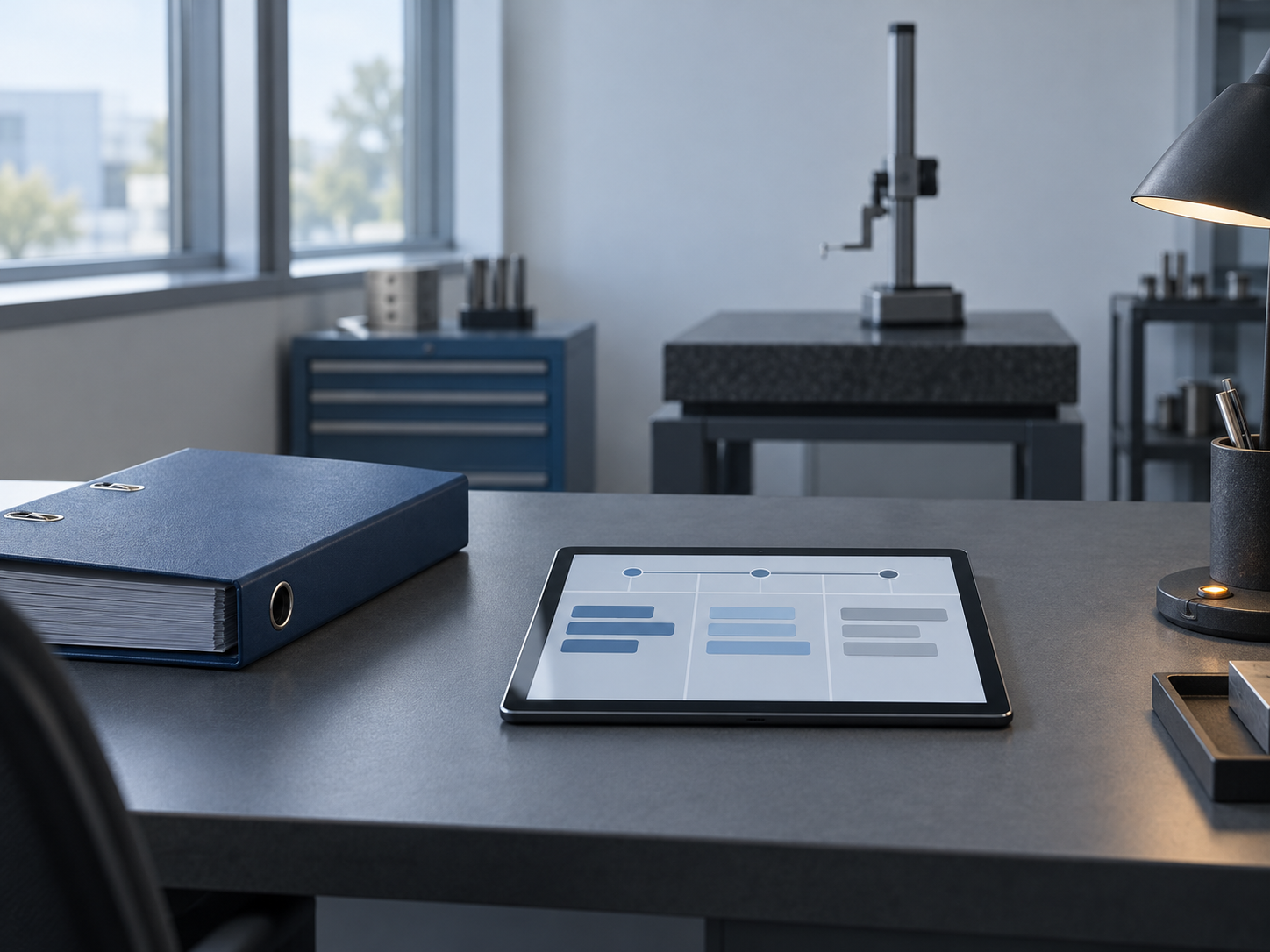 A quality manager's planning desk with a closed binder and a tablet showing an abstract three-phase timeline, a height gauge on a granite surface plate in the background