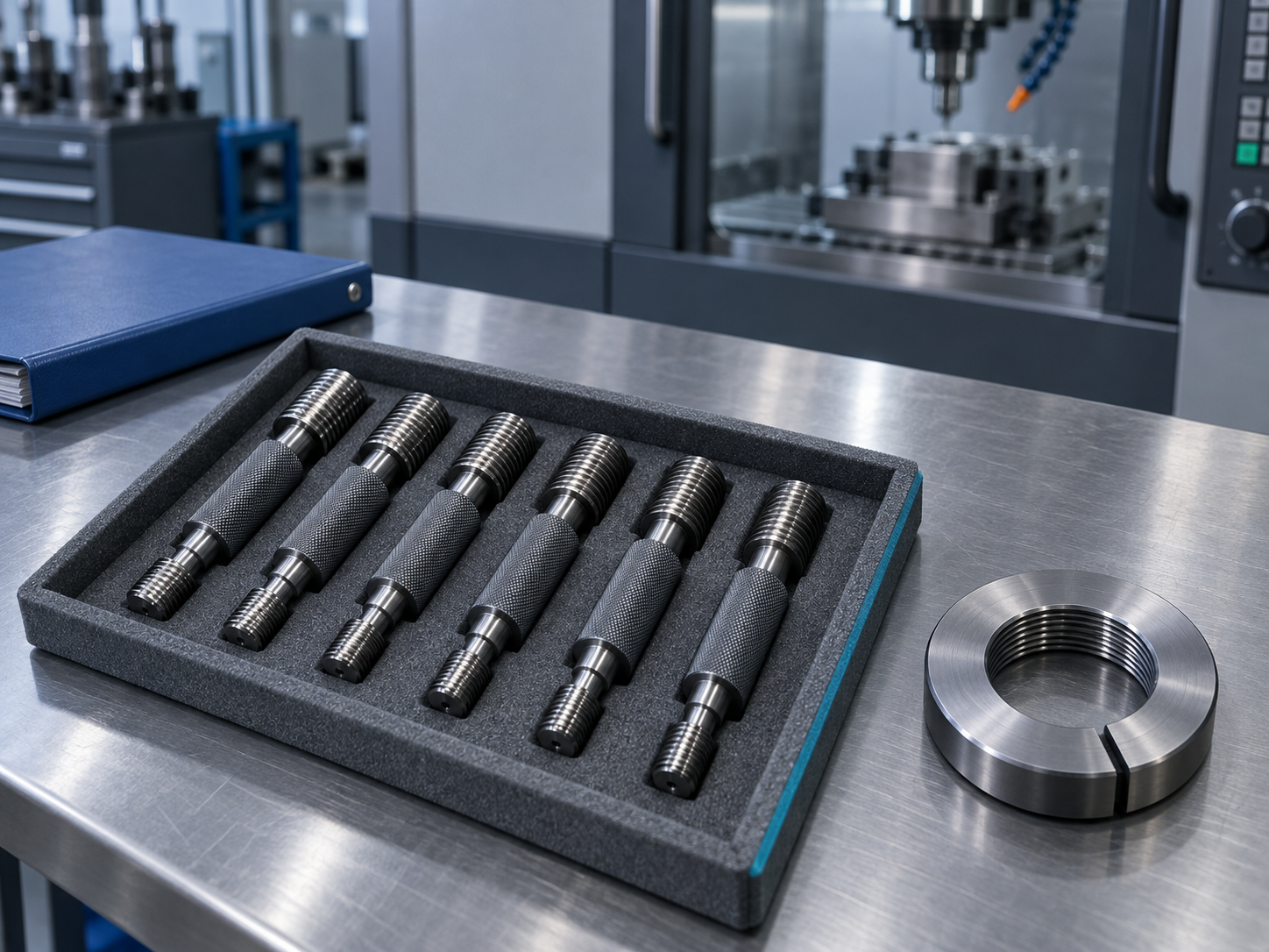 Thread plug gauges with GO and NO-GO ends laid in a foam tray beside a thread ring gauge at a machining-cell gauge station