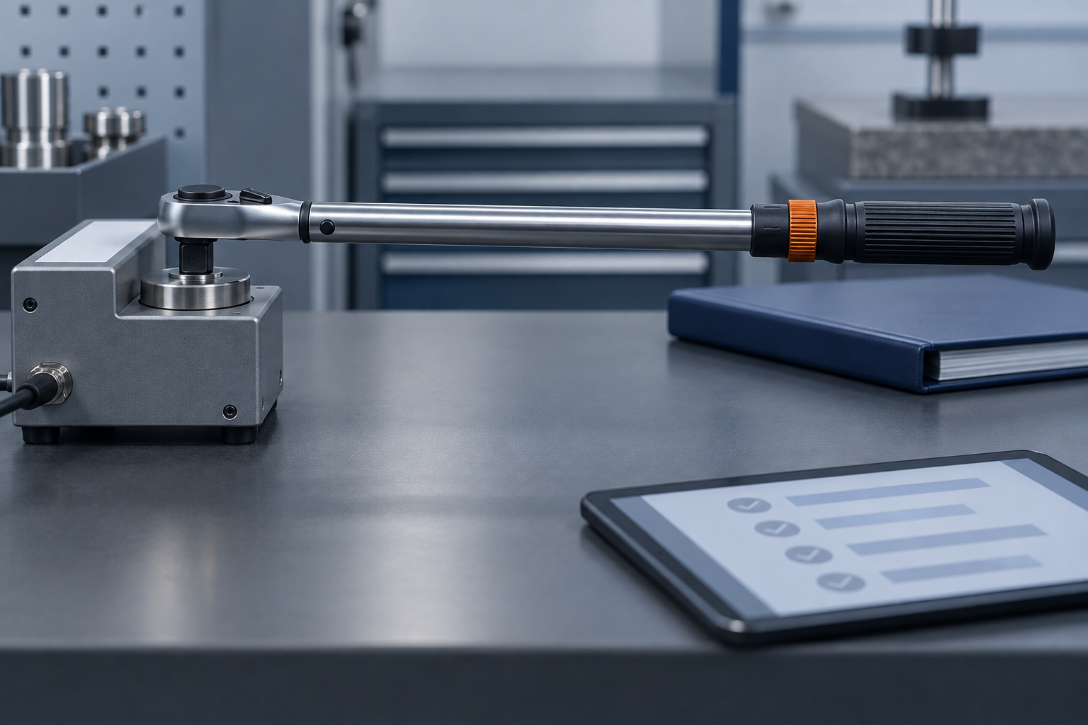 A click torque wrench engaged in a benchtop torque analyser, beside a closed binder and a tablet showing an abstract checklist