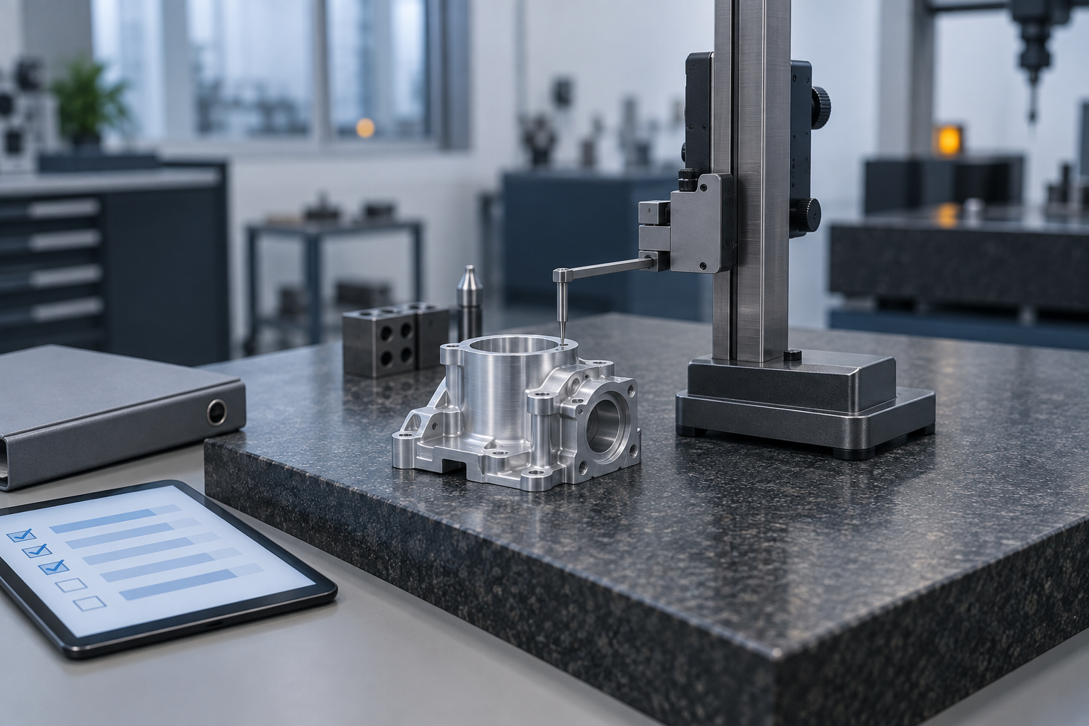 A height gauge on a granite surface plate measuring a machined housing, with a closed binder and a tablet showing an abstract checklist beside it