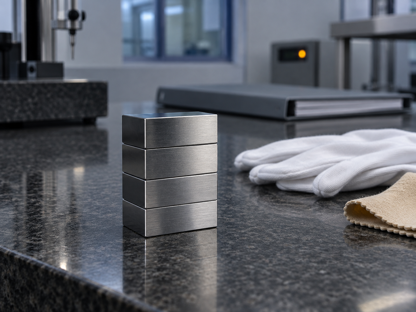 A stack of four steel gauge blocks wrung together on a granite surface plate, with lint-free gloves and a chamois cloth beside them