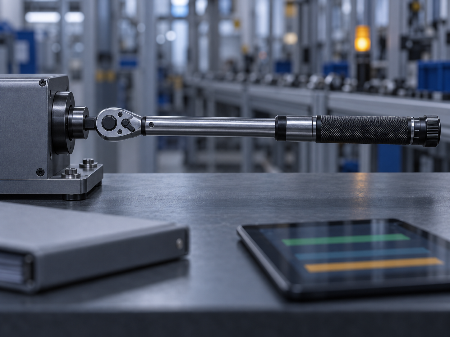 A click-type torque wrench engaged in a benchtop torque analyser, with a binder and a tablet showing status bars in the foreground