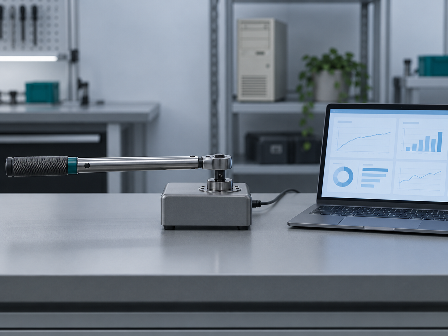 A click torque wrench seated in a benchtop torque analyser next to a laptop, with an older server tower in the background