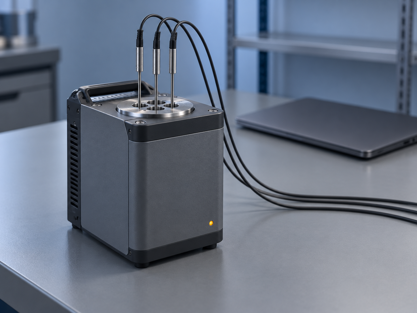 A dry-block temperature calibrator with three probes inserted into its well insert on a lab bench