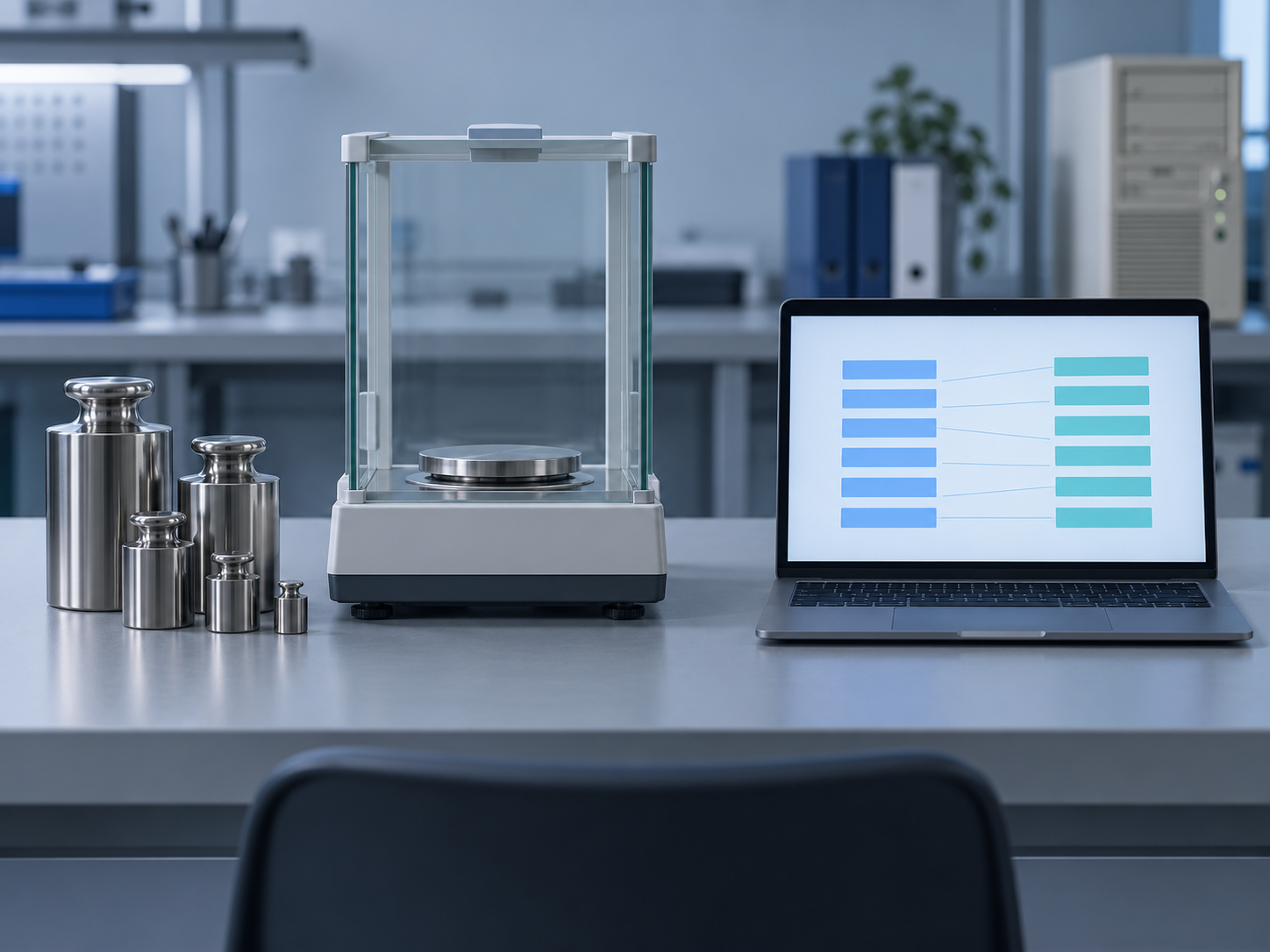 Reference weights beside an analytical balance, with a laptop showing two aligned columns of matching records