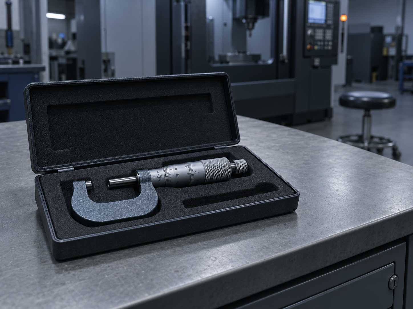 An outside micrometer in its open case on a vacated technician's bench in a machining cell