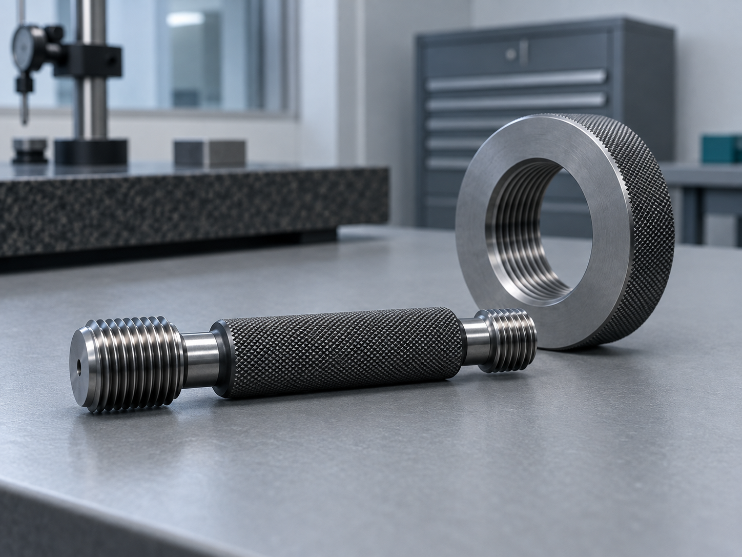 A thread plug gauge and matching thread ring gauge on an inspection bench, returned for an as-found check