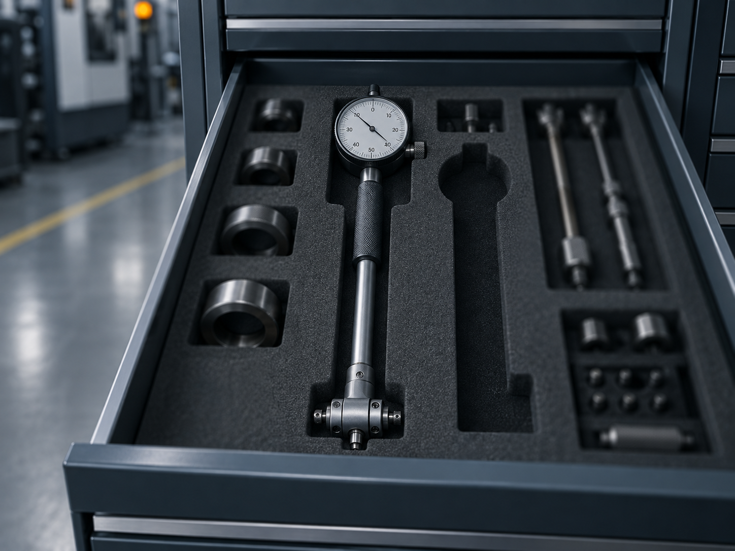 A dial bore gauge in a foam-lined tool cabinet drawer beside an empty cutout