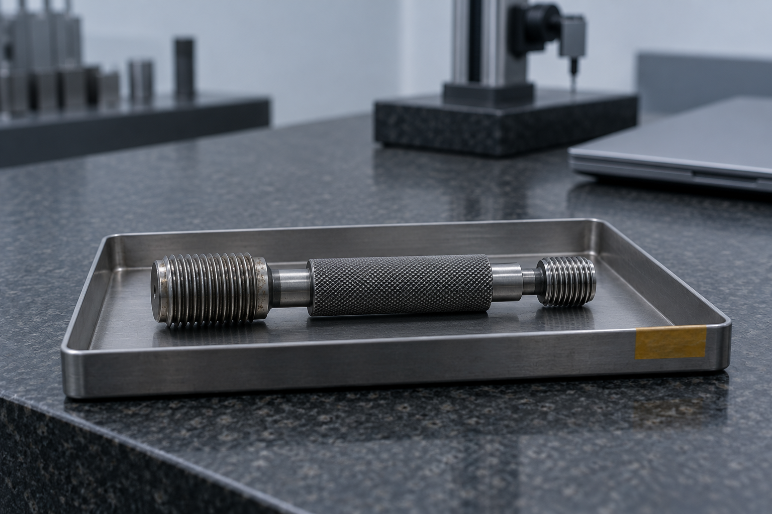 A worn double-ended thread plug gauge set aside in a steel tray on a granite surface plate in a metrology room