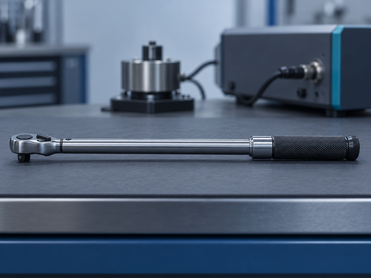 A click torque wrench lying in side profile on a slate bench mat, with a torque analyser blurred in the background