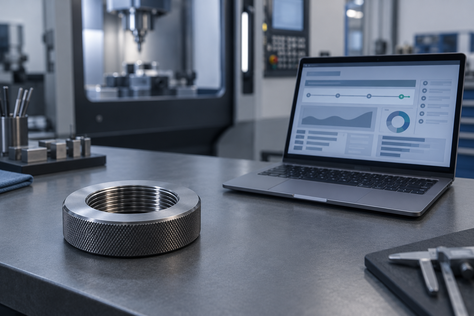 A steel thread ring gauge on a matte workbench beside a laptop showing an abstract organised dashboard, machining cell in the background