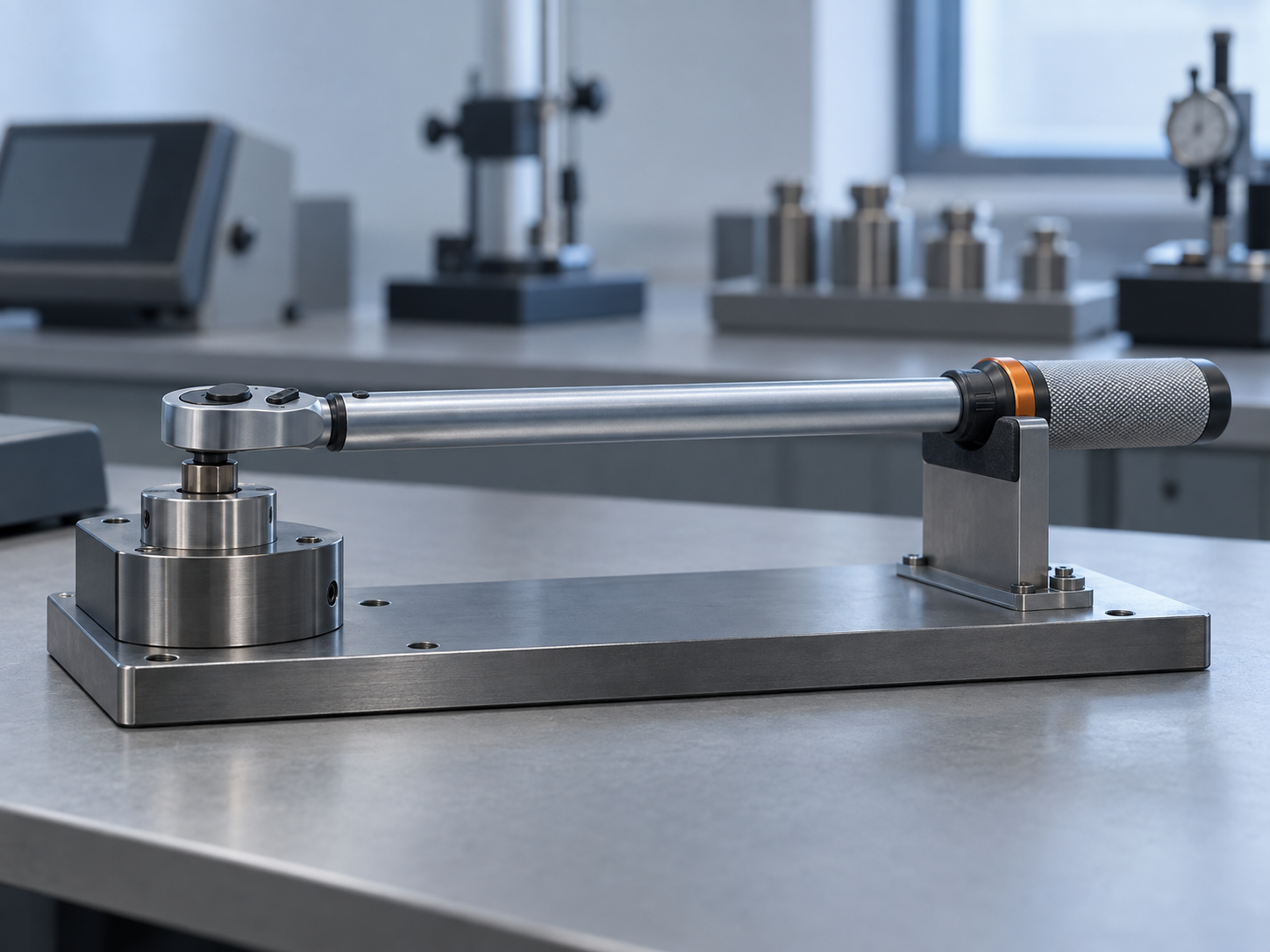 A click torque wrench seated on a benchtop torque tester in a calibration lab