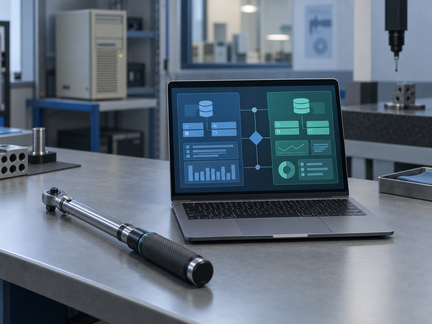 A laptop showing an abstract dashboard beside a click torque wrench, with an older server tower out of focus behind