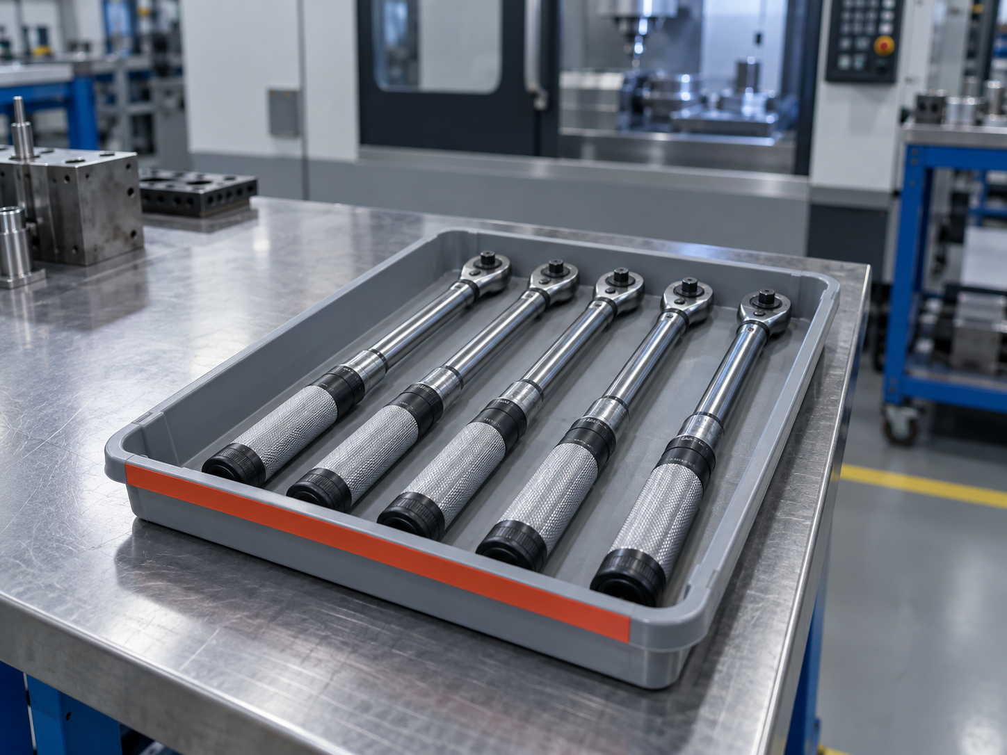 Five click torque wrenches set aside in a tray marked with a red-orange strip on a workbench in a machining area