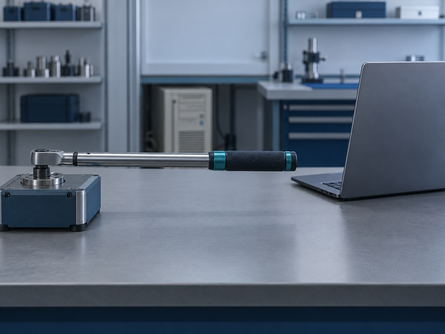 A click torque wrench seated on a benchtop torque analyser mid-calibration, a laptop beside it and an older server tower in the background