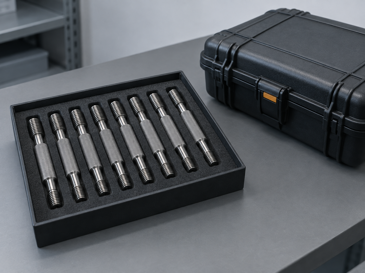 A foam-lined tray of thread plug gauges with GO and NO-GO ends beside a closed transport case returned from an external calibration provider